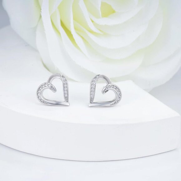 Heart Shaped Sterling Silver Cubic Zirconia Stud Earrings for Women - Hypoallerg - Picture 5 of 6